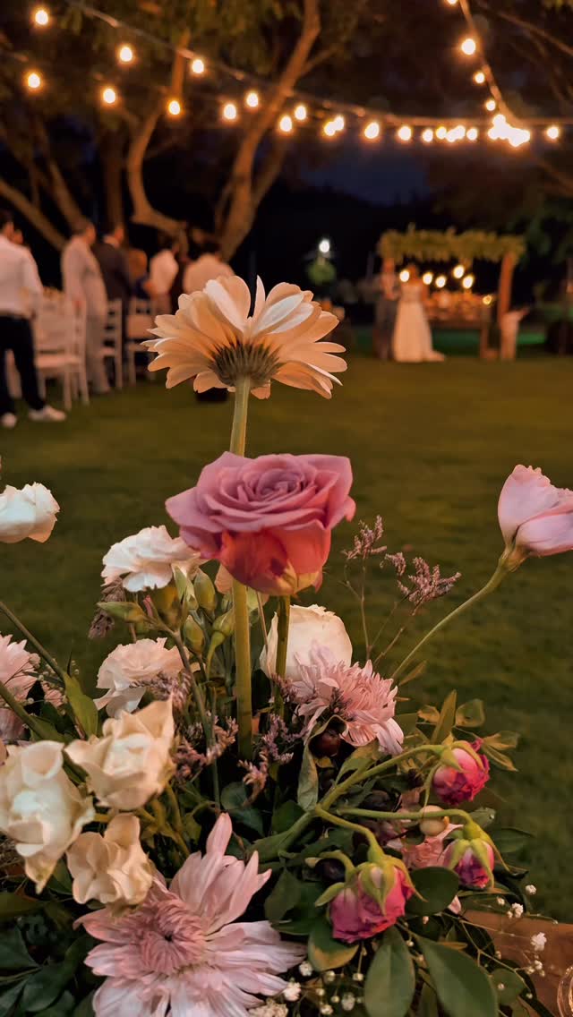 Arranjo de flores no gramado sob as luzes